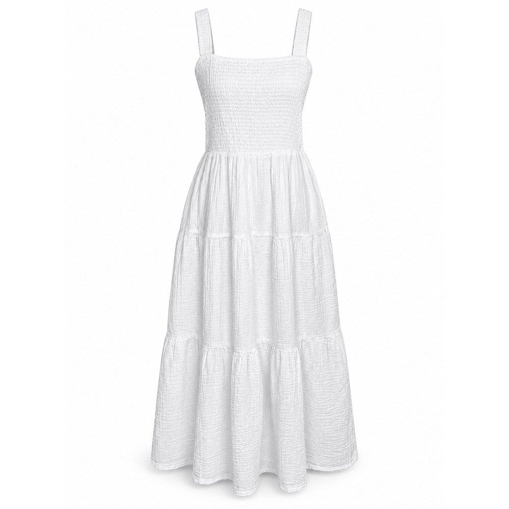 Quince Maxi Dress M White Cotton Gauze Coastal Cottagecore Smocked Capsule